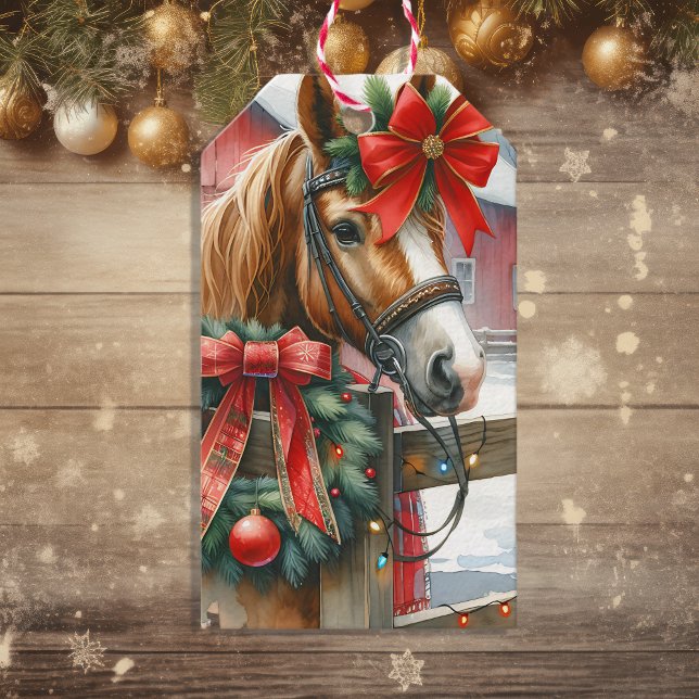 Hübsch Brown Horse in Red Bow Weihnachten Geschenkanhänger (Von Creator hochgeladen)