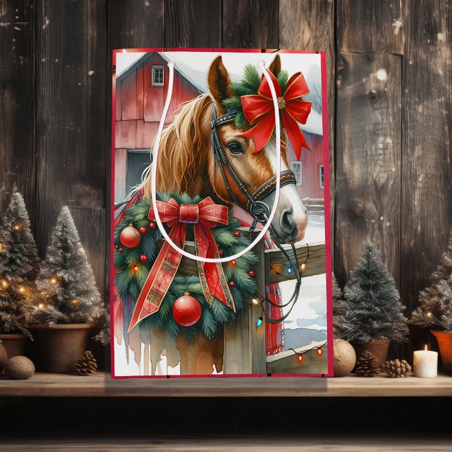 Hübsch Brown Horse in Red Bow Weihnachten Mittlere Geschenktüte (Von Creator hochgeladen)
