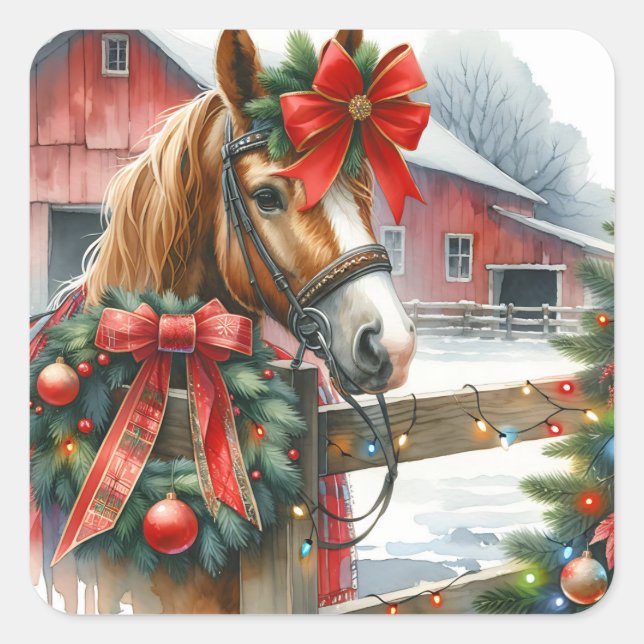 Hübsch Brown Horse in Red Bow Weihnachten Quadratischer Aufkleber (Vorderseite)