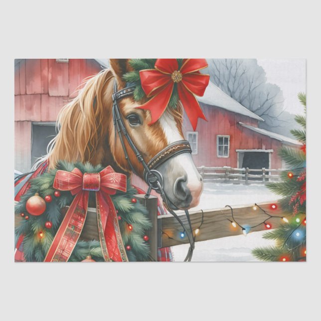 Hübsch Brown Horse in Red Bow Weihnachten Seidenpapier (Vorderseite)