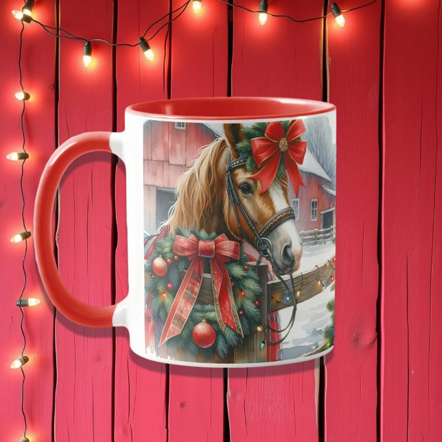 Hübsch Brown Horse in Red Bow Weihnachten Tasse (Von Creator hochgeladen)