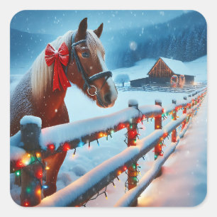Hübsch Brown Horse mit Bow Weihnachten Quadratischer Aufkleber