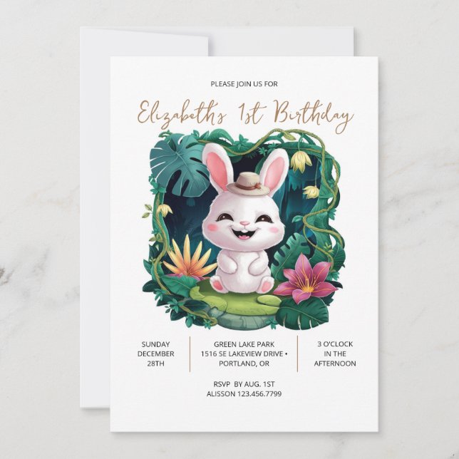 Hübsch Bunny 1. Geburtstag digital Einladung (Vorderseite)