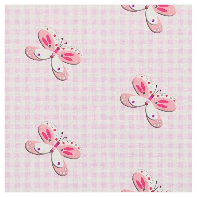 Hübsch Butterfly Gingham Kariert Pink White Stoff (Nahaufnahme)