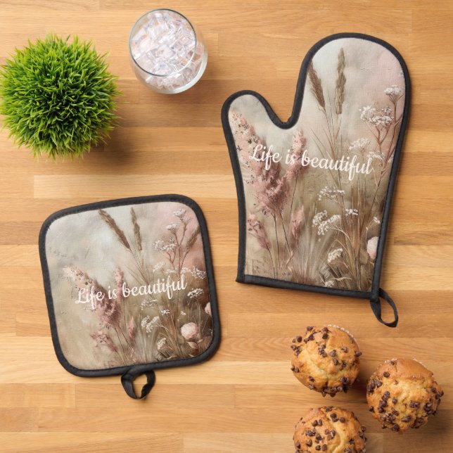 Hübsch Chic Beige Blush Boho Floral Ofenhandschuh & Topflappen-Set (Oben Unten)