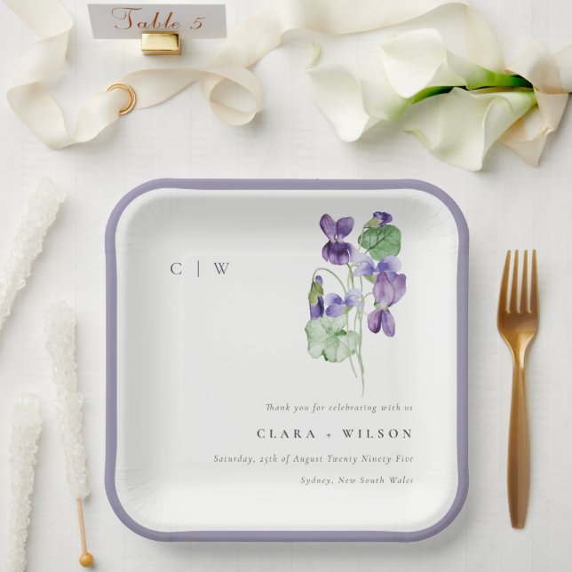 Hübsch Chic Monogram Violet Floral Bunch Hochzeit Pappteller (Hochzeit)