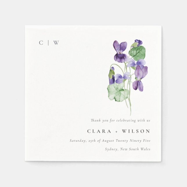 Hübsch Chic Monogram Violet Floral Bunch Hochzeit Serviette (Vorderseite)