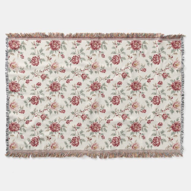 Hübsch Chic Rote Creme Blumen  Decke (Vorderseite)