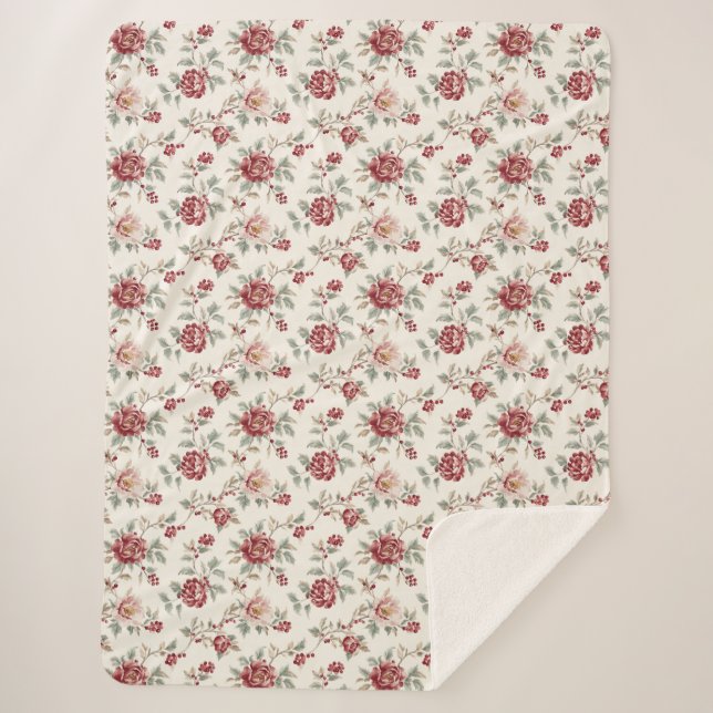 Hübsch Chic Rote Creme Blumen  Sherpadecke (Vorderseite)