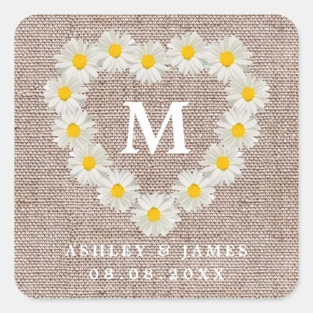 Hübsch Daisies Monogram Wedding Burlap Quadratischer Aufkleber (Vorderseite)