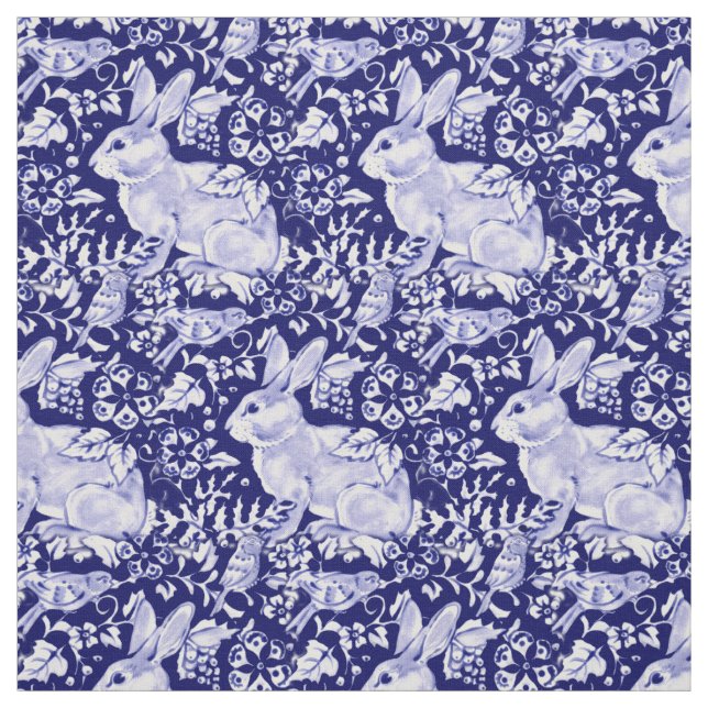 Hübsch Dark Blue & White Rabbit Bird Dedham Delft Stoff (Muster)