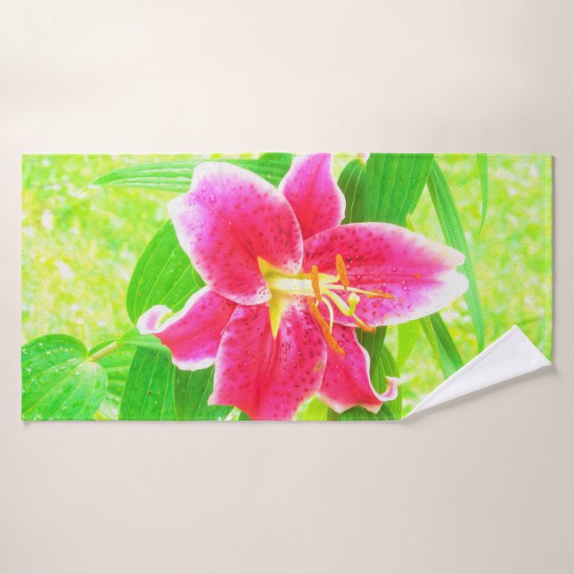 Hübsch Deep Pink Stargazer Liuon on Lime Green Badehandtuch (Badehandtuch)