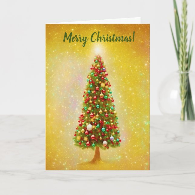 Hübsch dekorierter Weihnachtsbaum Gold Light Holid Karte (Vorderseite)
