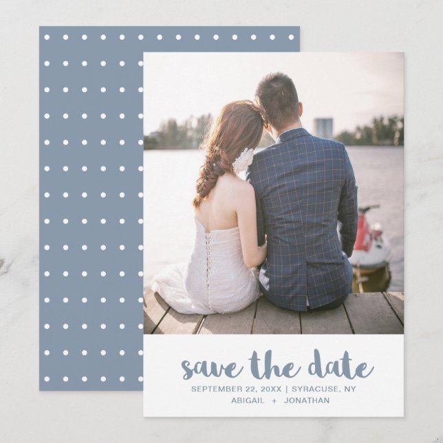 Hübsch Dusty Blue Polka Dots Foto Hochzeit Save The Date (Vorne/Hinten)
