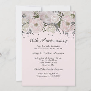 Hübsch errötend rosa silberne Blumen 10. Jubiläum Einladung