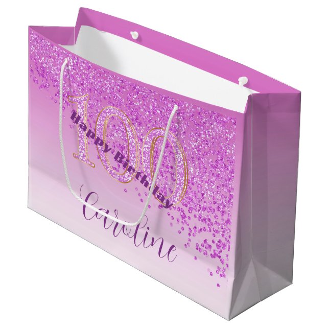 Hübsch Falling Pink Glitzer 100. Geburtstag Große Geschenktüte (Vorderseite Schrägansicht)