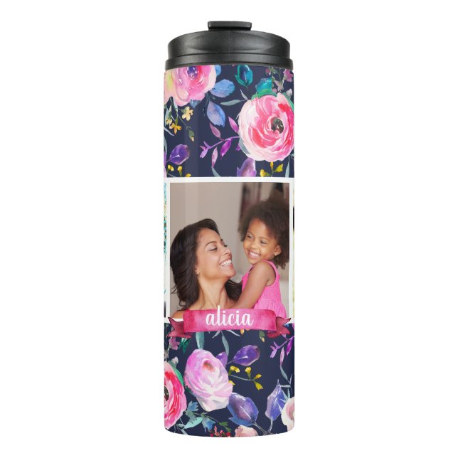 Hübsch Floral 3 Foto Monogramm Thermosbecher (Vorderseite)