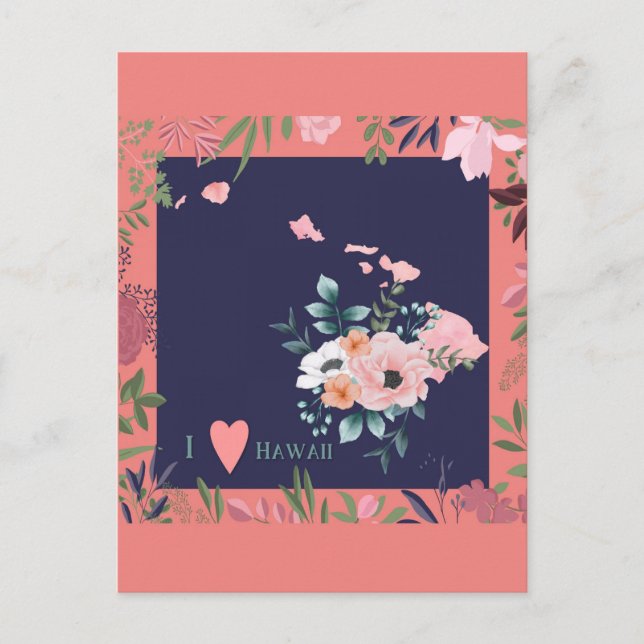 Hübsch Floral I Liebe Hawaii Staat Karte (Vorderseite)