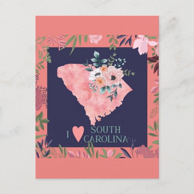 Hübsch Floral I Liebe South Carolina Staat Karte (Vorderseite)