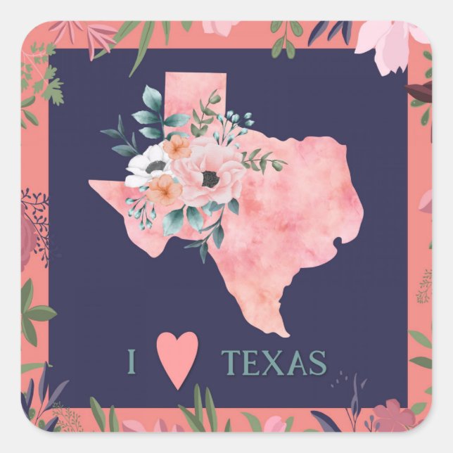 Hübsch Floral I Liebe Texas Staat Karte Quadratischer Aufkleber (Vorderseite)