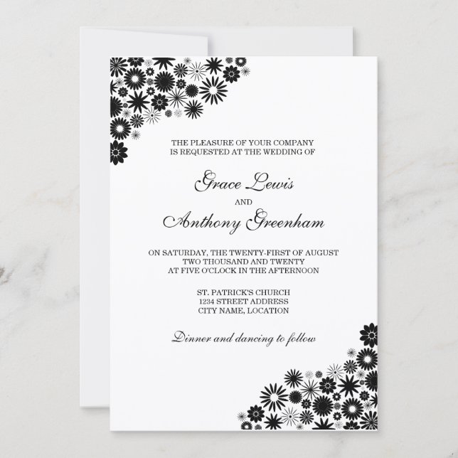 Hübsch Florals Black Wedding Einladung (Vorderseite)