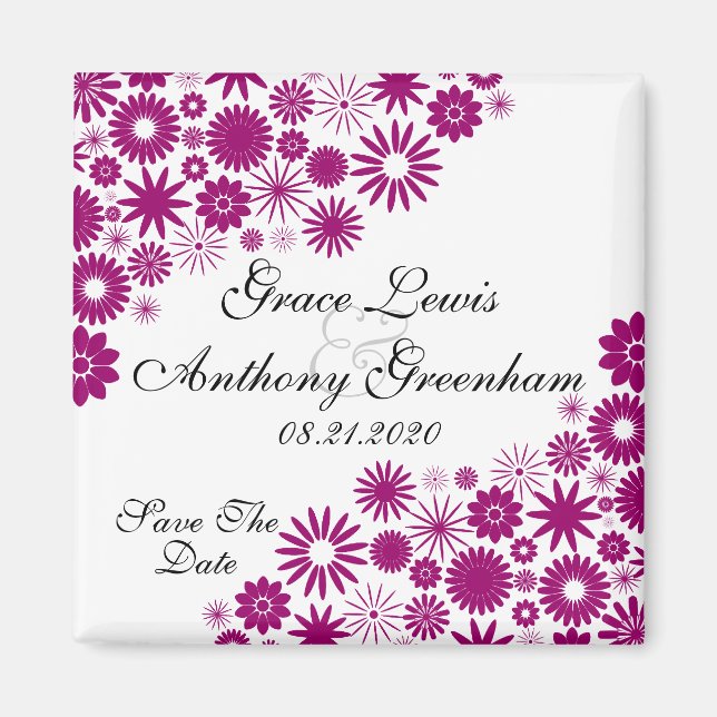 Hübsch Florals Dark Fuchsia Speichern Sie das Date Magnet (Vorne)