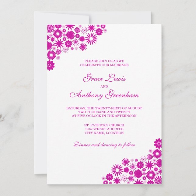 Hübsch Florals Fuchsia Wedding Einladung (Vorderseite)