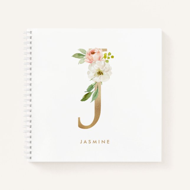 Hübsch Florals Imitats Gold Foil Letter J Monogram Notizbuch (Vorderseite)