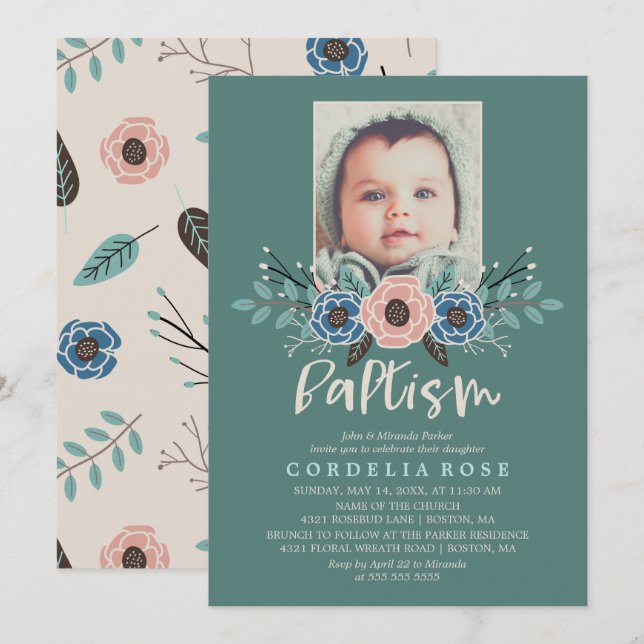 Hübsch Florals | Rosa und grüne Taufe Foto Einladung (Vorne/Hinten)