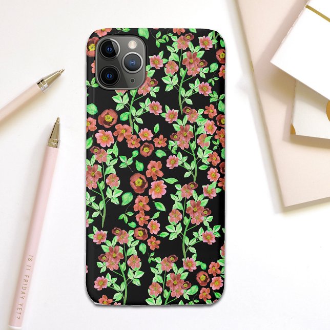 Hübsch Garden Blume Korallenrot Grün auf Schwarz Case-Mate iPhone Hülle (Von Creator hochgeladen)