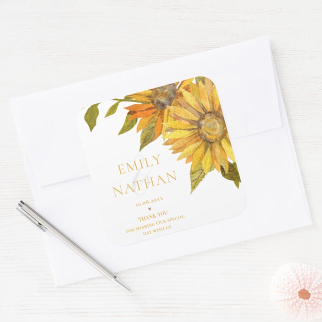 Hübsch Gelbe Sonnenblume Elegante Hochzeit der Blu Quadratischer Aufkleber (Umschlag)