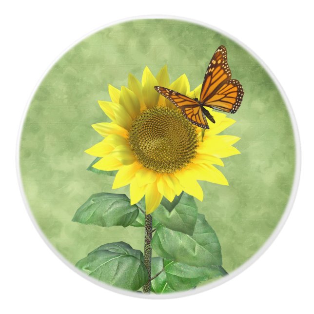 Hübsch Gelbe Sonnenblume und Orangenschmetterling Keramikknauf (Vorderseite)