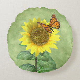 Hübsch Gelbe Sonnenblume und Orangenschmetterling Rundes Kissen