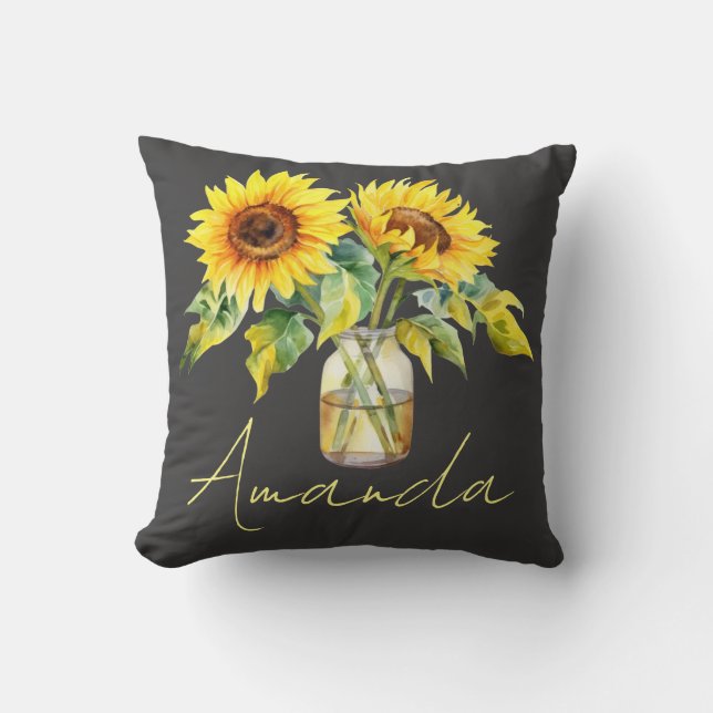 Hübsch Gelbe Sonnenblumen Schwarzer Minimalistisch Kissen (Vorderseite)