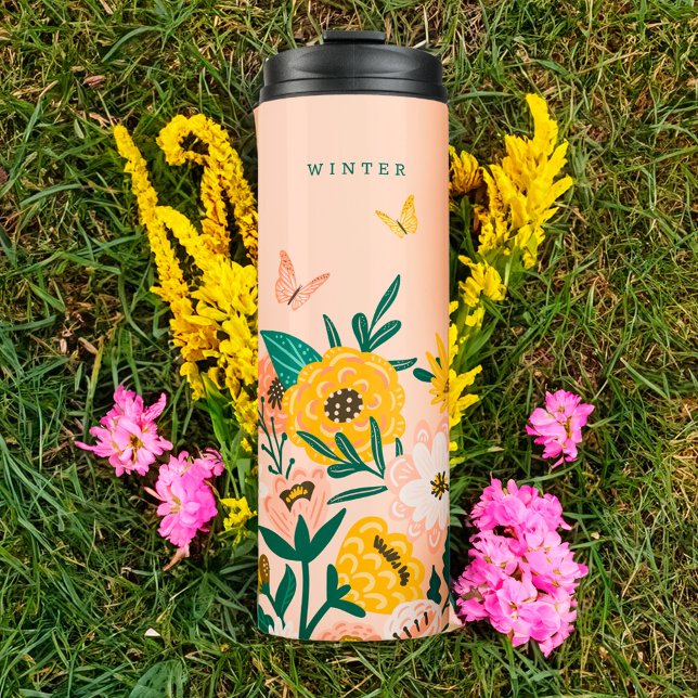 Hübsch Gelbe Sonnenblumen Wildblumen & Schmetterli Thermosbecher (Pretty Yellow Sunflower Wildflowers & Butterflies Thermal Tumbler)