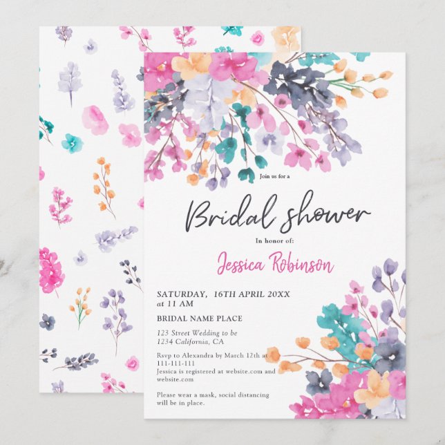 Hübsch gepresste Blume Drehbuch chic Brautparty Einladung (Vorne/Hinten)