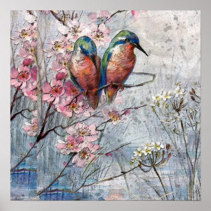 Hübsch gestrichene Blauvögel und Blume Imitate Poster