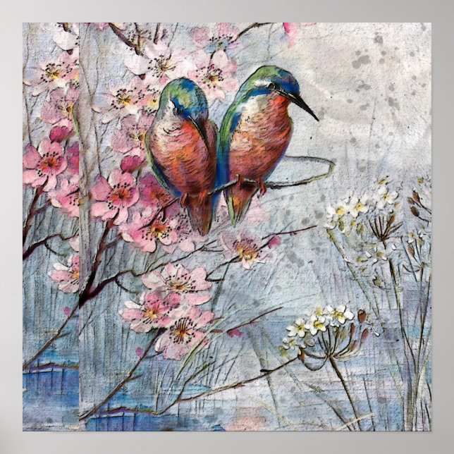 Hübsch gestrichene Blauvögel und Blume Imitate Poster (Vorne)