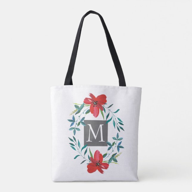 hübsch gestrichene rote Blume mit Monogramm Tasche (Rückseite)