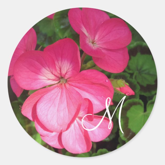 Hübsch Girl Pink Geranium Foto Monogram Runder Aufkleber (Vorderseite)