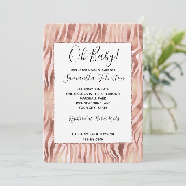 Hübsch Girly Glam Pink Rose Zebra Baby Dusche Einladung (Stehend Vorderseite)