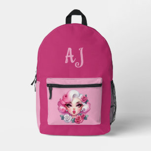 Hübsch Glam Girl mit rosa Haare & Rose Initialen Bedruckter Rucksack