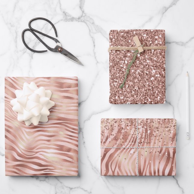 Hübsch Glam Pink Peach Rose Zebra Print Geschenkpapier Set (Vorderseite)
