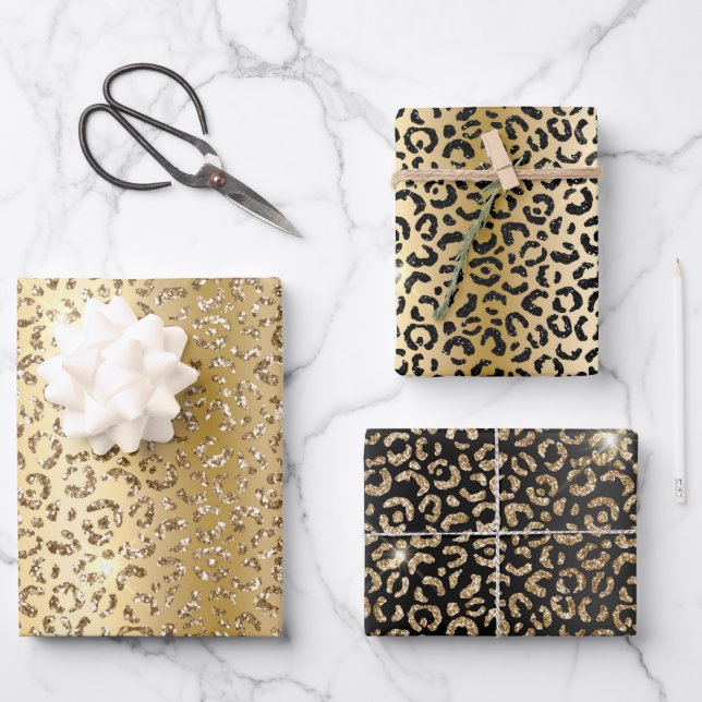 Hübsch Gold Glam Glitzer Leopard Geschenkpapier Set (Vorderseite)