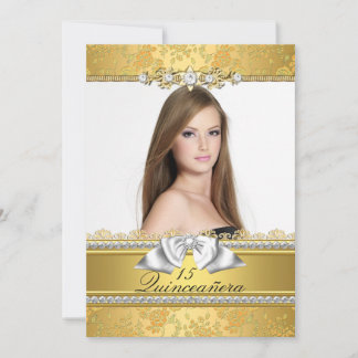Hübsch Gold Lace Foto Quinceanera Einladung