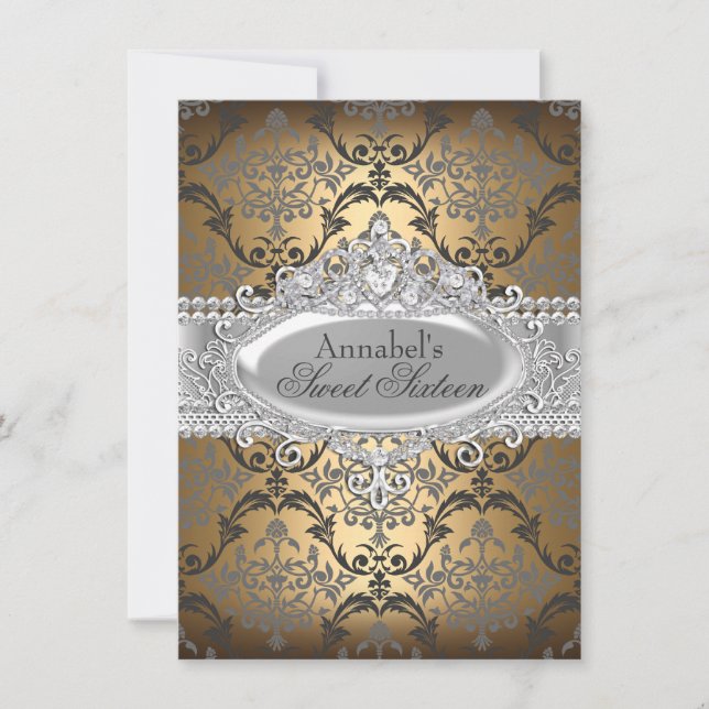 Hübsch Gold & Silber Damask Sweet 16 Einladung (Vorderseite)