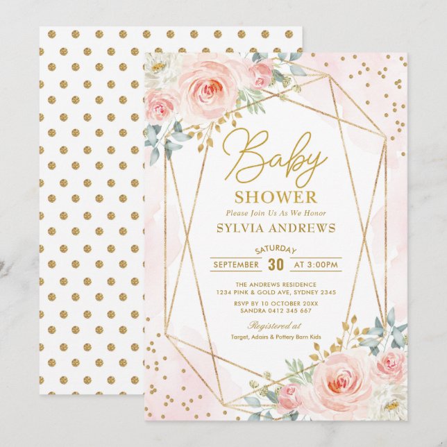 Hübsch Golderröten geometrische Blumenbaby-Dusche Einladung (Vorne/Hinten)
