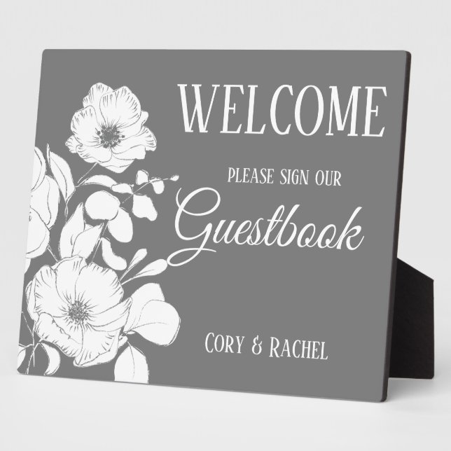Hübsch Grau mit White Floral Wedding Gästebuch Fotoplatte (Seite)