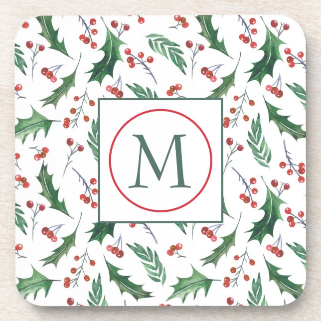 Hübsch Holly Pattern Monogram Christmas Getränkeuntersetzer (Vorderseite)