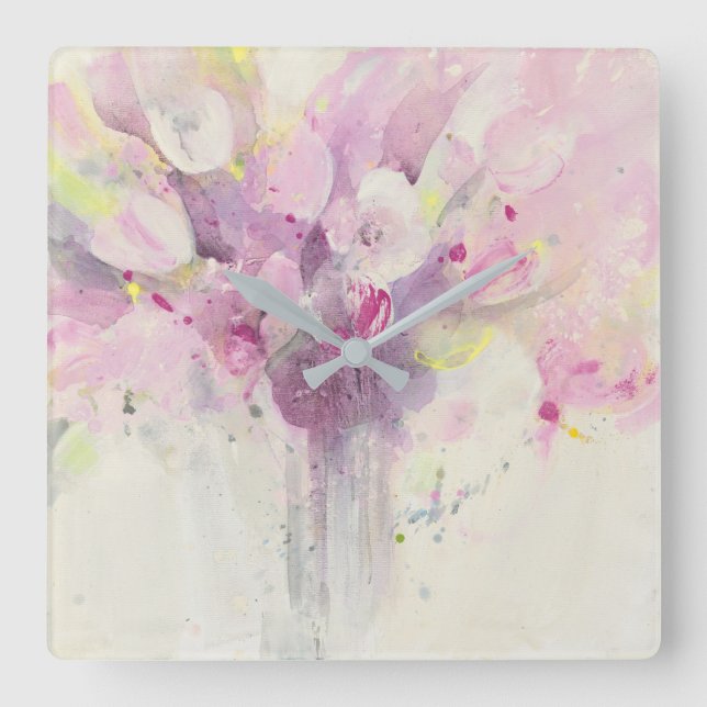 Hübsch im Frühjahr | Soft Pink Bouquet Quadratische Wanduhr (Vorderseite)